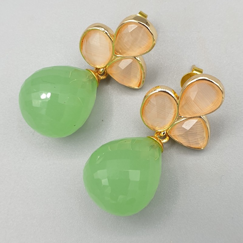 Vergulde oorbellen oranje Kattenoog en groene Chalcedoon
