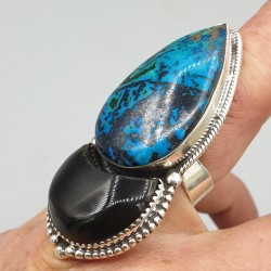 925 Sterling zilveren ring Azuriet en zwarte Onyx verstelbaar