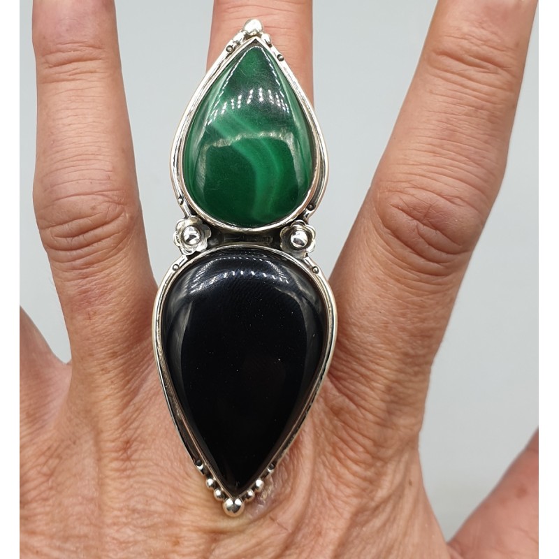 925 Sterling zilveren ring zwarte Onyx en Malachiet verstelbaar