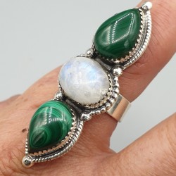 925 Sterling zilveren ring Maansteen en Malachiet verstelbaar