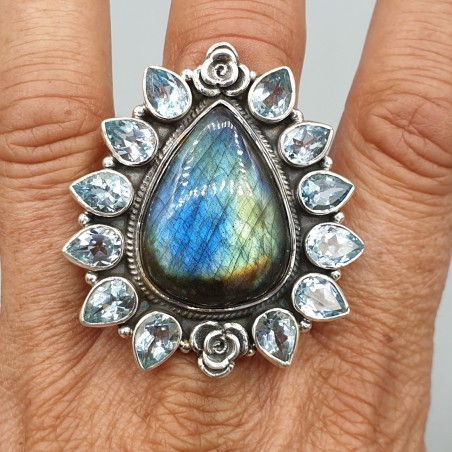 925 Sterling zilveren ring blauw Topaas en Labradoriet verstelbaar