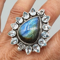 925 Sterling zilveren ring blauw Topaas en Labradoriet verstelbaar