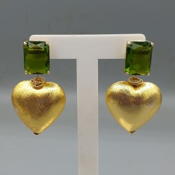Vergulde oorbellen brushed hart en groen Crystal