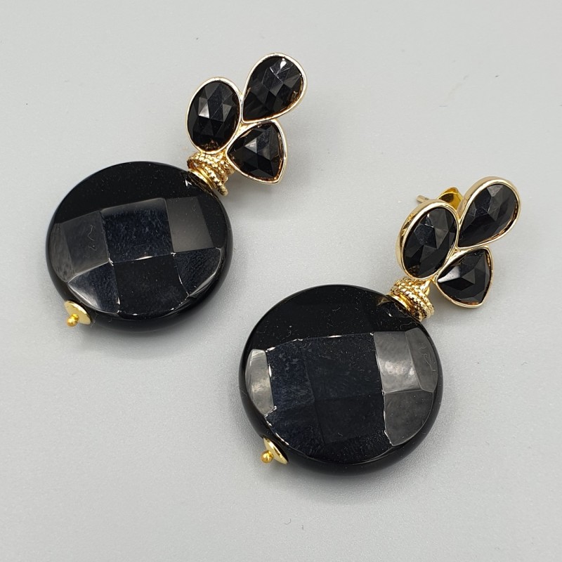 Vergulde oorbellen ronde zwarte Onyx