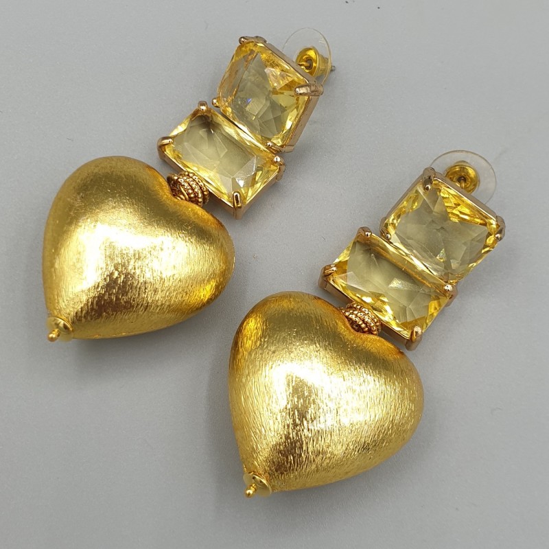 Vergulde oorbellen geel Crystal en brushed hart