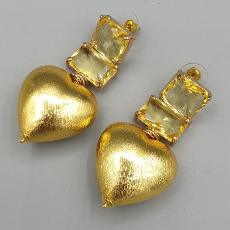 Vergulde oorbellen geel Crystal en brushed hart