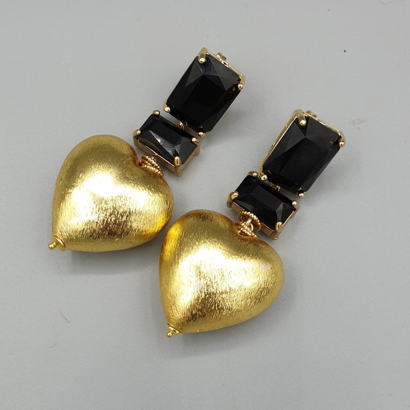 Vergulde oorbellen zwart Crystal en brushed hart