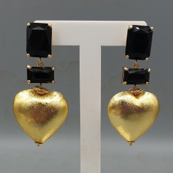 Vergulde oorbellen zwart Crystal en brushed hart