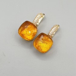 Vergulde oorbellen vierkant Citrien kleurige Crystal