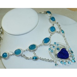 Zilveren ketting gezicht uit Sodaliet en Chalcedoon