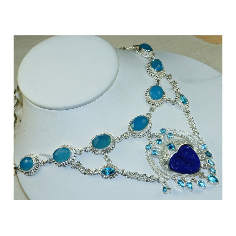 Zilveren ketting gezicht uit Sodaliet en Chalcedoon