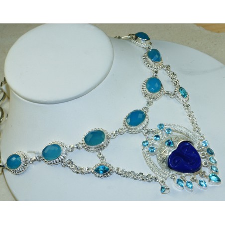 Zilveren ketting gezicht uit Sodaliet en Chalcedoon