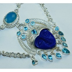 Zilveren ketting gezicht uit Sodaliet en Chalcedoon