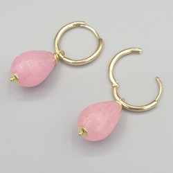 Vergulde click creolen met roze Jade