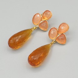 Vergulde oorbellen Citrien quartz en oranje Kattenoog