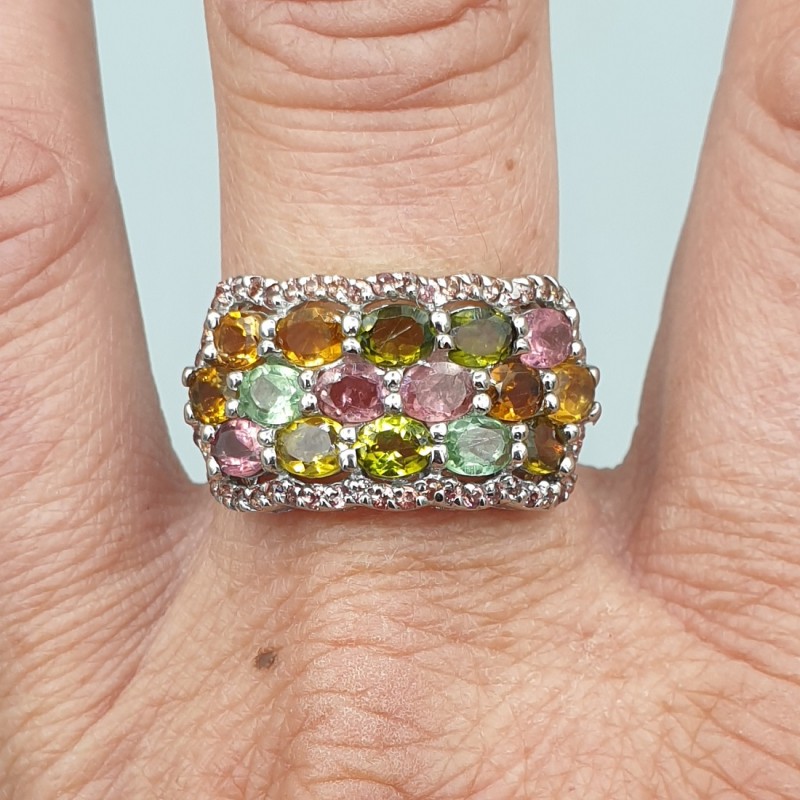 925 Sterling zilveren ring met Toermalijn en Saffieren 18.5 mm