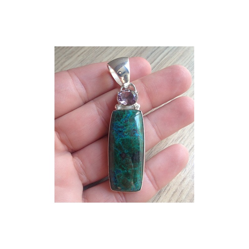 Zilveren edelsteen hanger Chrysocolla en Amethist