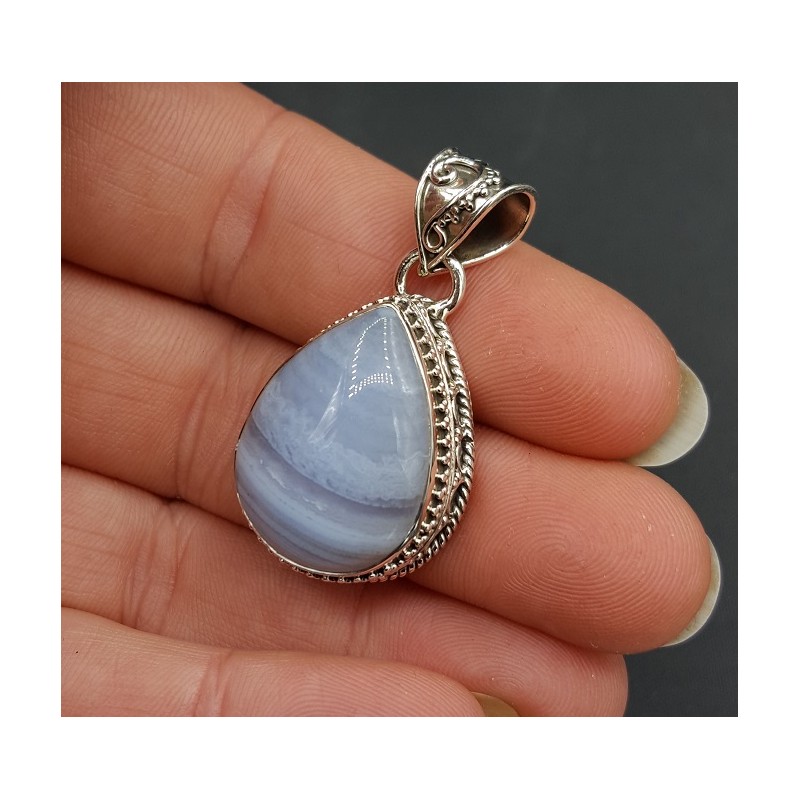 Zilveren hanger druppelvorm blauw Lace Agaat bewerkte setting