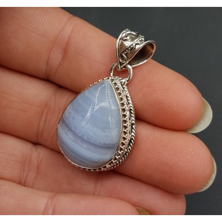 Zilveren hanger druppelvorm blauw Lace Agaat bewerkte setting