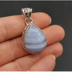 Zilveren hanger druppelvorm blauw Lace Agaat bewerkte setting