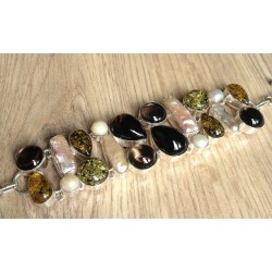 Zilveren edelsteen armband met Amber, Smokey Topaas en Parel
