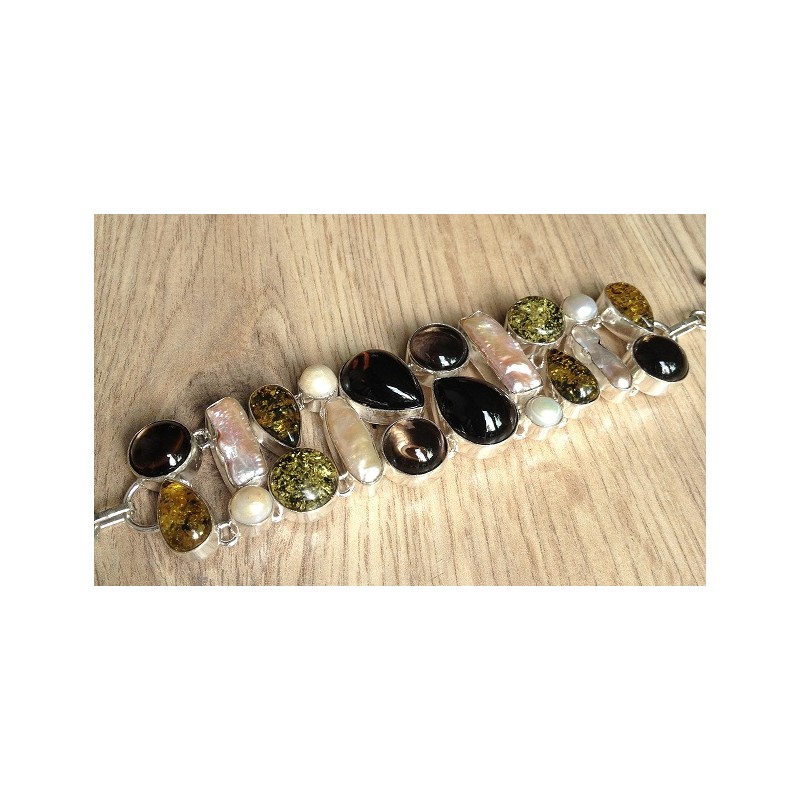 Zilveren edelsteen armband met Amber, Smokey Topaas en Parel