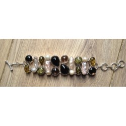 Zilveren edelsteen armband met Amber, Smokey Topaas en Parel