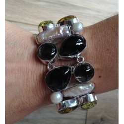 Zilveren edelsteen armband met Amber, Smokey Topaas en Parel