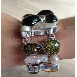 Zilveren edelsteen armband met Amber, Smokey Topaas en Parel