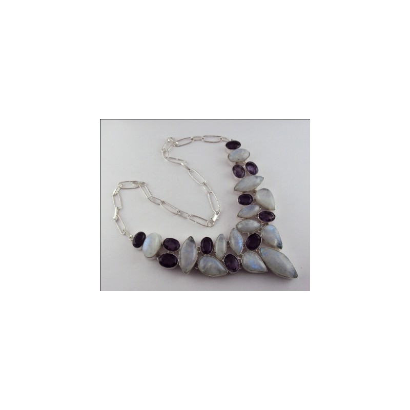 Zilveren edelsteen ketting cabochon Maansteen en facet Amethist