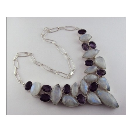 Zilveren edelsteen ketting cabochon Maansteen en facet Amethist