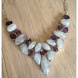 Zilveren edelsteen ketting cabochon Maansteen en facet Amethist