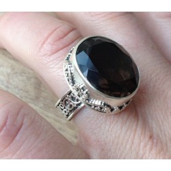 Zilveren edelsteen ring Smokey Topaas vintage setting 18