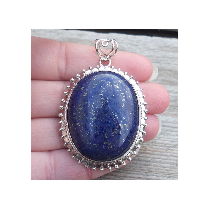 Zilveren hanger met ovale cabochon Lapis bewerkte setting