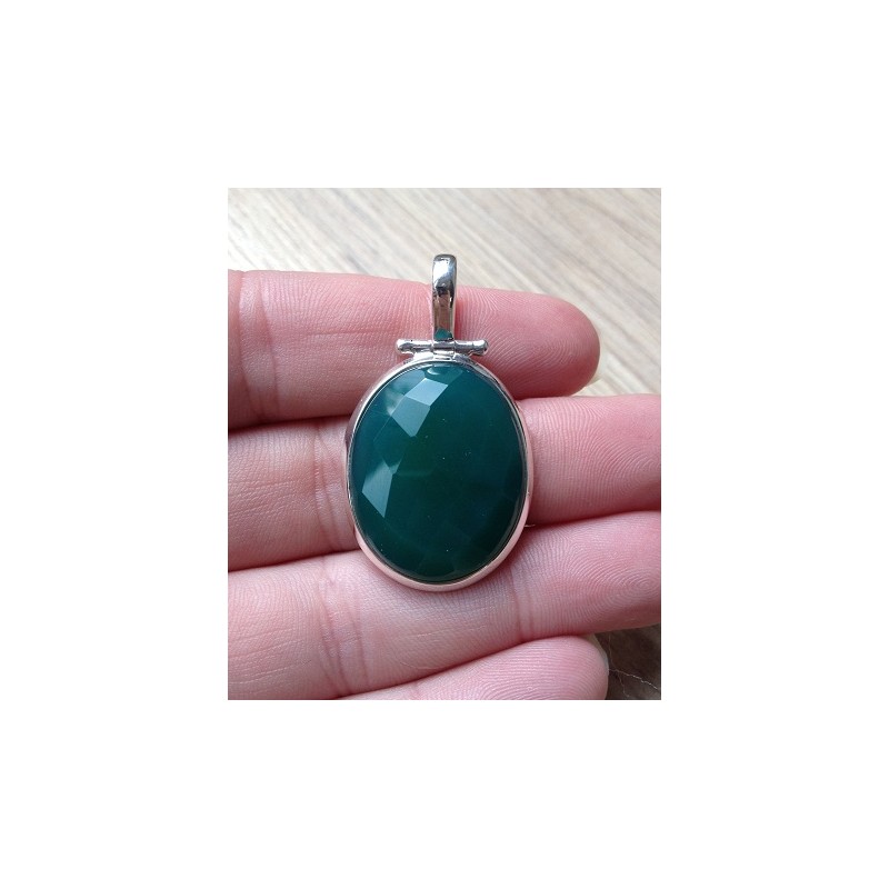 Zilveren edelsteen hanger met ovale facet groene Onyx