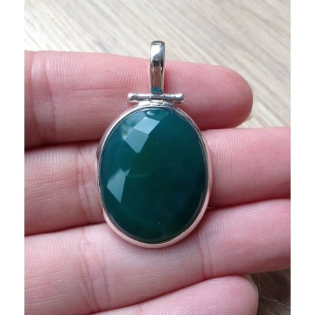 Zilveren edelsteen hanger met ovale facet groene Onyx