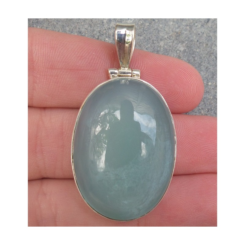 Zilveren hanger met ovale cabochon aqua Chalcedoon