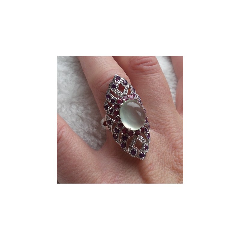 Zilveren ring met Prehniet, Amethist en Rhodoliet Granaat 17.3 m