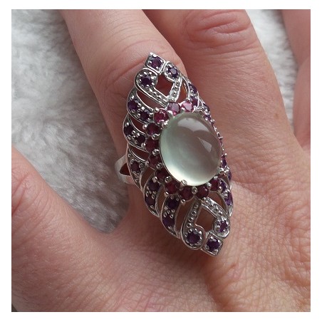 Zilveren ring met Prehniet, Amethist en Rhodoliet Granaat 17.3 m