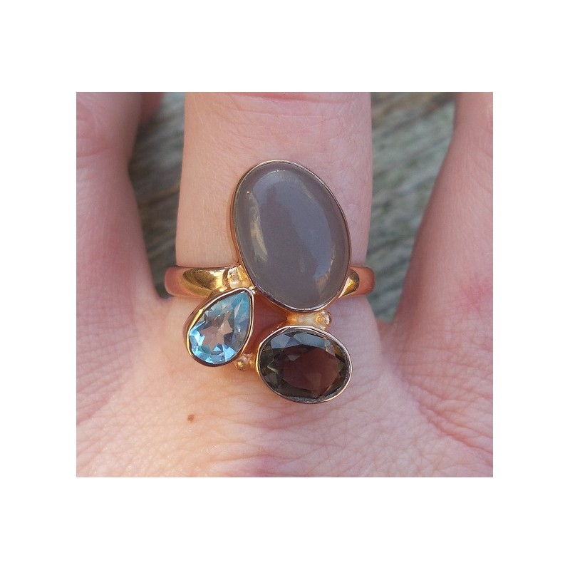 Vergulde ring met Chalcedoon, Smokey en blauw Topaas 19 mm