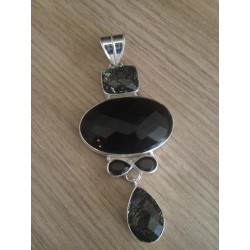 Zilveren edelsteen hanger Onyx, Rutielkwarts en Smokey Topaas