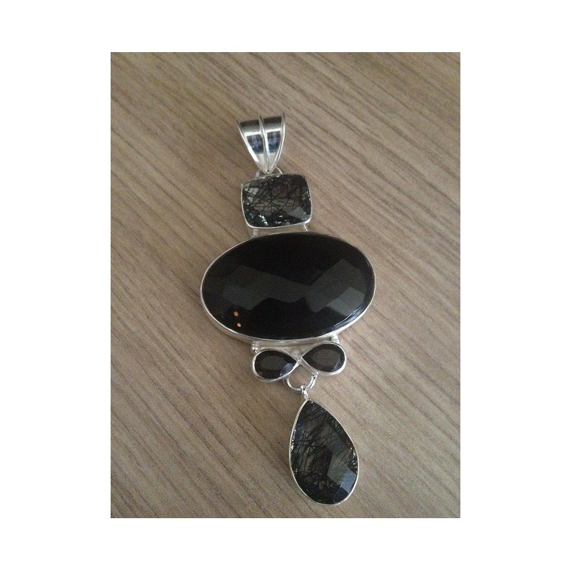 Zilveren edelsteen hanger Onyx, Rutielkwarts en Smokey Topaas