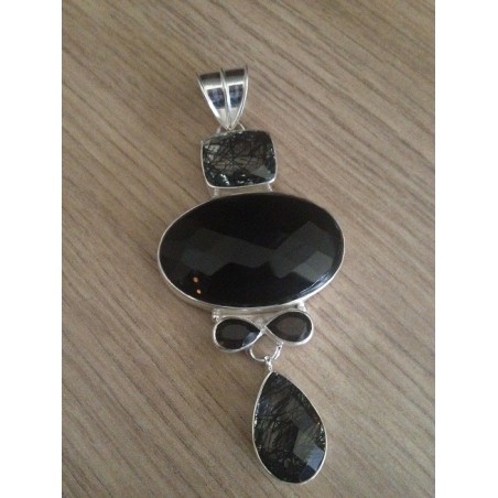 Zilveren edelsteen hanger Onyx, Rutielkwarts en Smokey Topaas