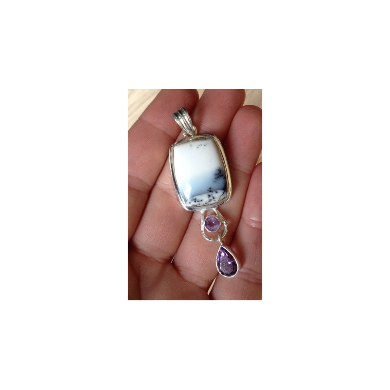Zilveren hanger met Dendriet Opaal en Amethisten