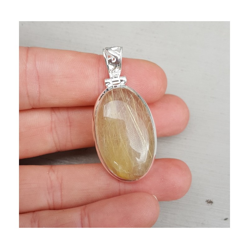 Zilveren edelsteen hanger ovale cabochon gouden Rutielkwarts