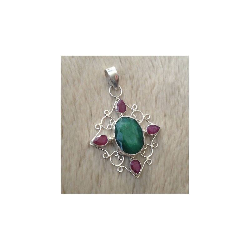Zilveren edelsteen hanger met grote Emerald en Robijnen