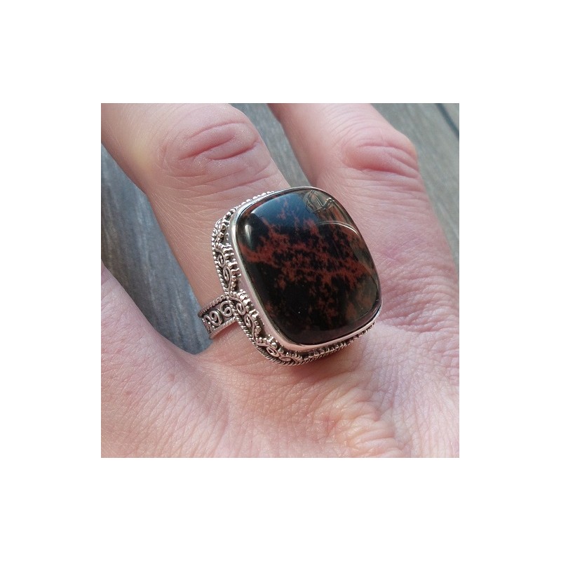 Zilveren ring met mahonie Obsidiaan in bewerkte setting 18.5 mm