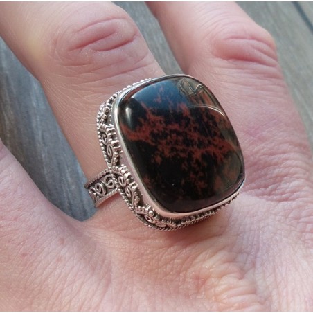 Zilveren ring met mahonie Obsidiaan in bewerkte setting 18.5 mm