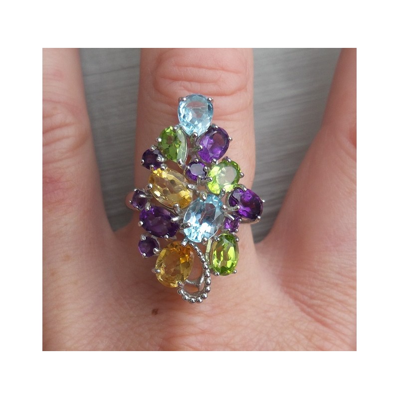 Zilveren ring met Topaas, Amethist, Peridot en Citrien 18 mm