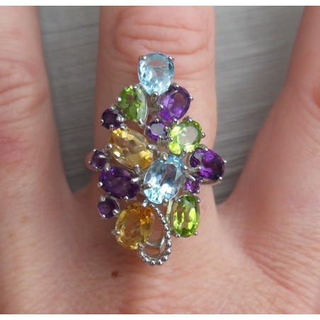 Zilveren ring met Topaas, Amethist, Peridot en Citrien 18 mm